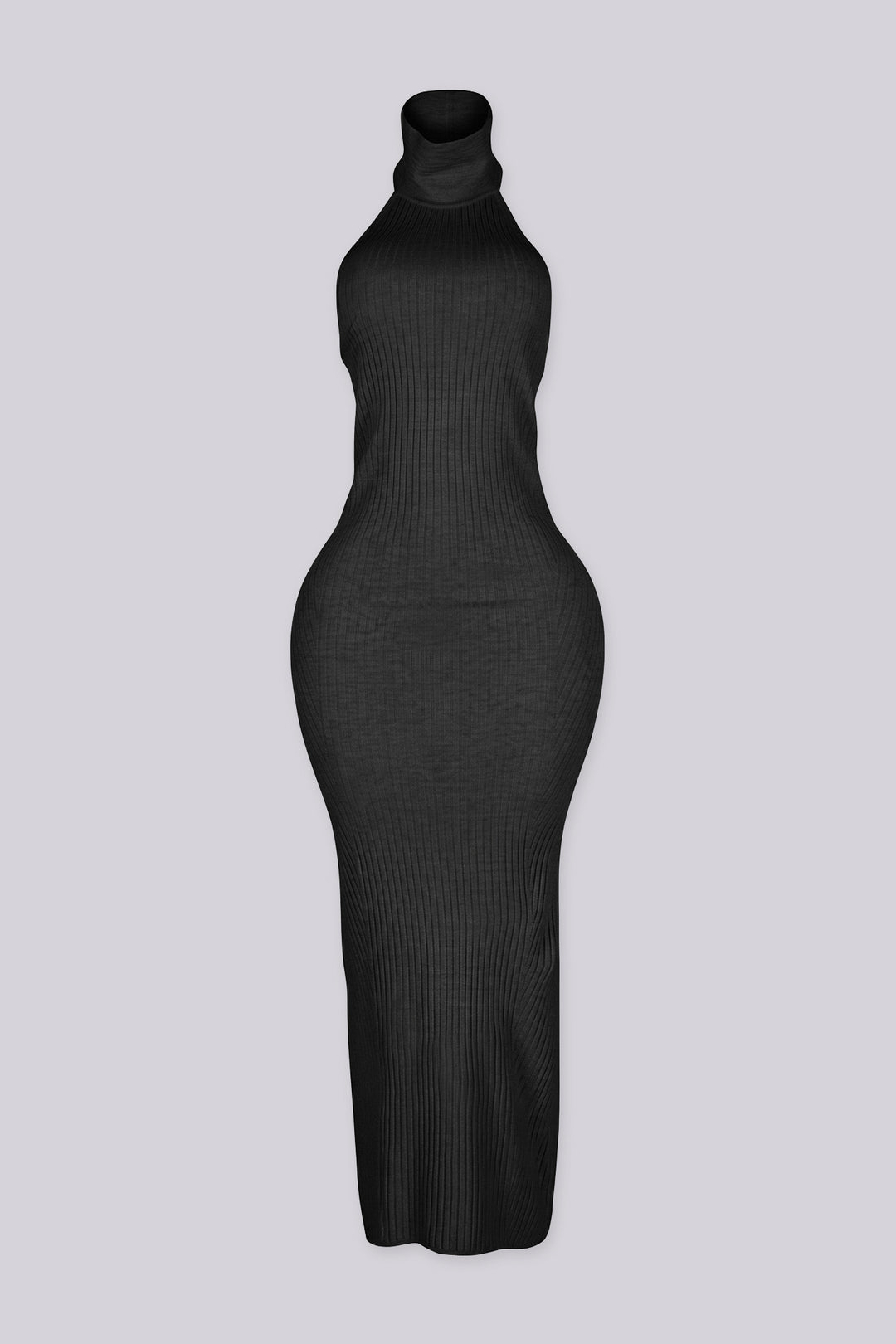 Sleeveless ribbed knit urtleneck maxi dress with halter neckline featuring body skimming stretch fit