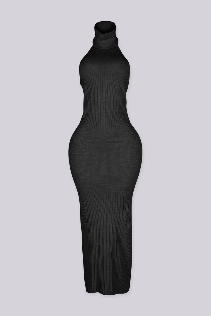 Sleeveless ribbed knit urtleneck maxi dress with halter neckline featuring body skimming stretch fit