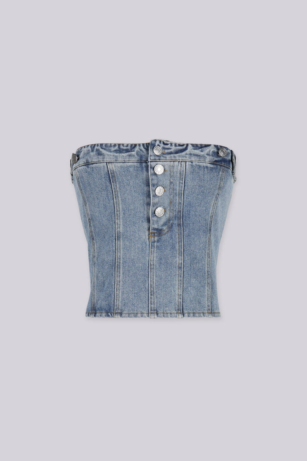 Strapless corset silhouette denim tube top designed to jeans waistband with decorative front buttons, Vertical seam paneling that structures the bodice