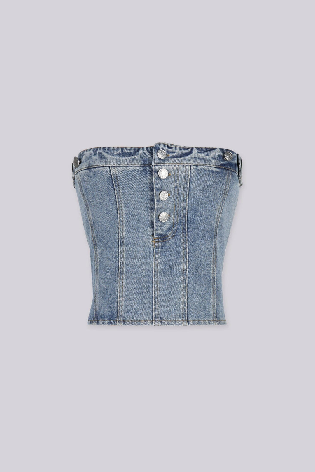 Strapless corset silhouette denim tube top designed to jeans waistband with decorative front buttons, Vertical seam paneling that structures the bodice