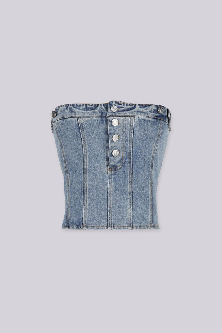 Strapless corset silhouette denim tube top designed to jeans waistband with decorative front buttons, Vertical seam paneling that structures the bodice