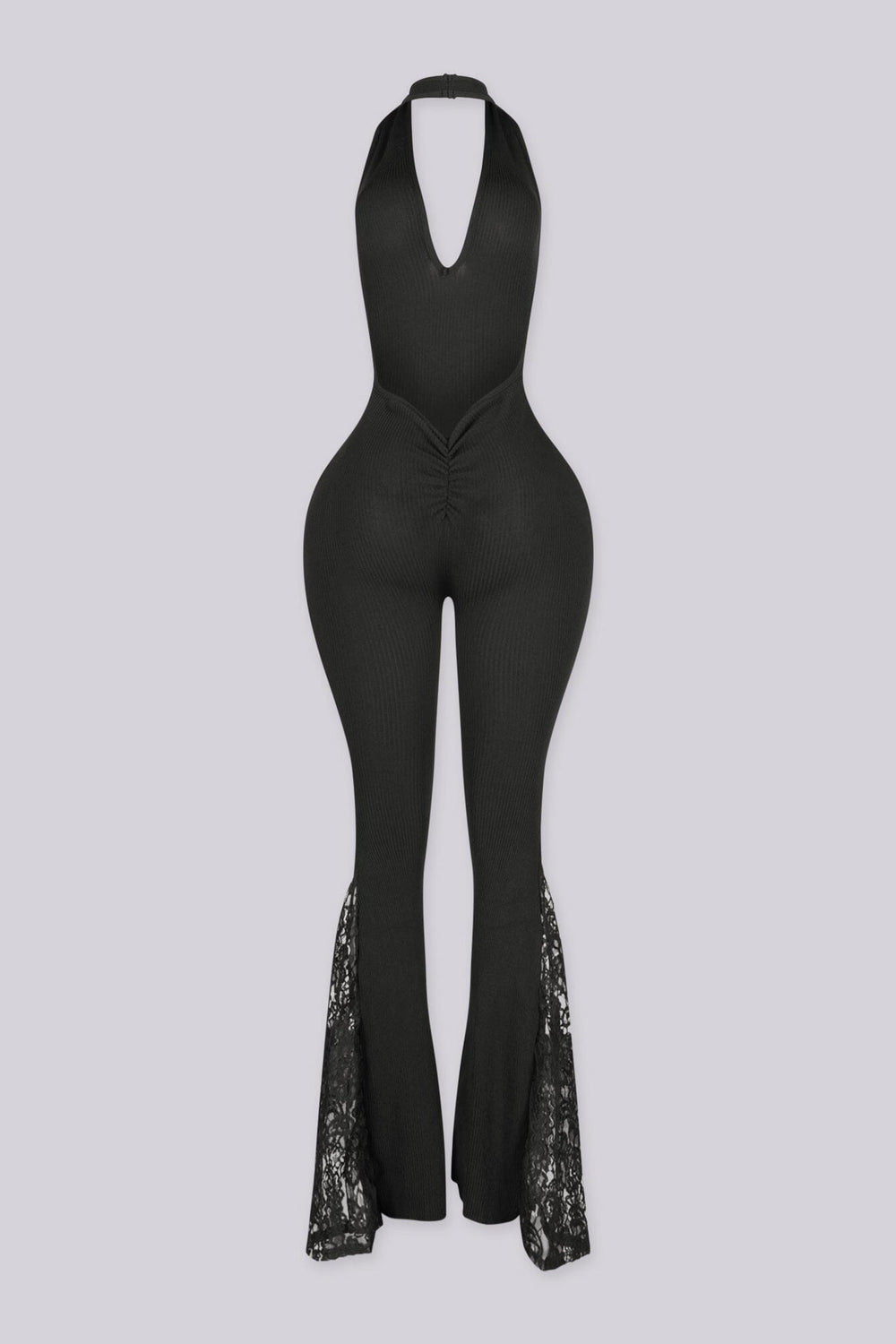 Ribbed knit fitted halter jumpsuit with a plunging V neckline and open low back, back view