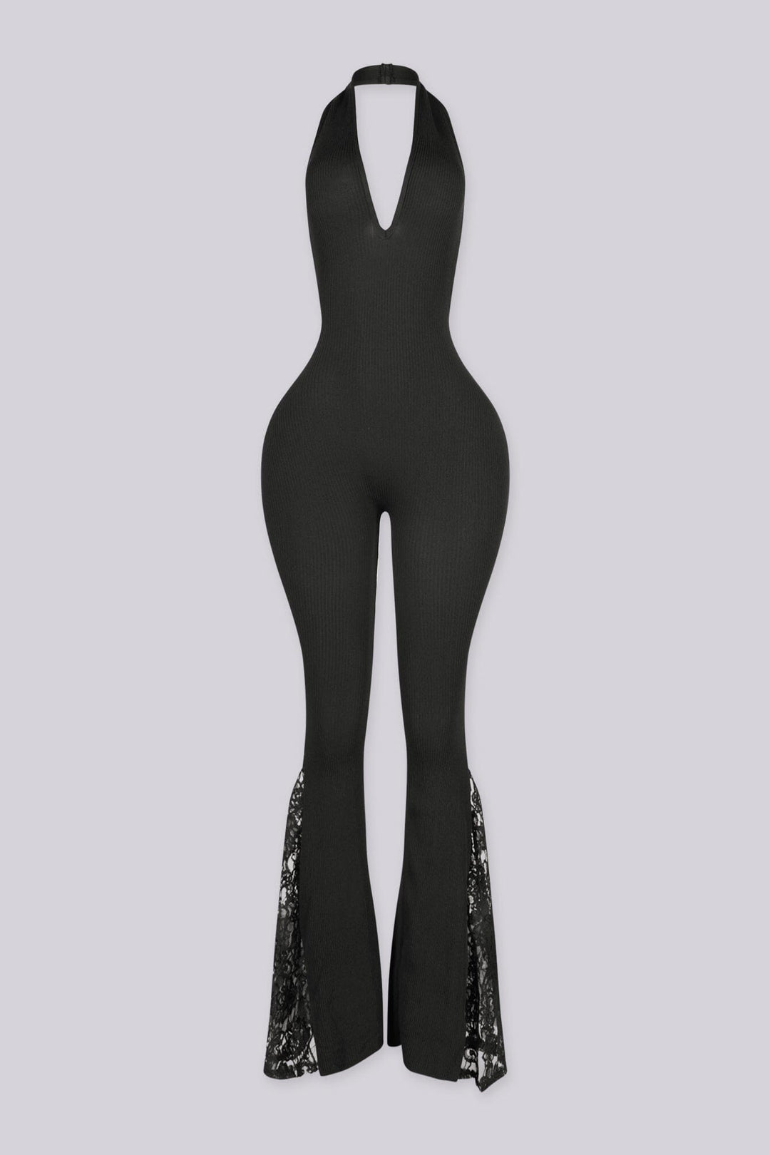 Ribbed knit fitted halter jumpsuit with a plunging V neckline and open low back, front view