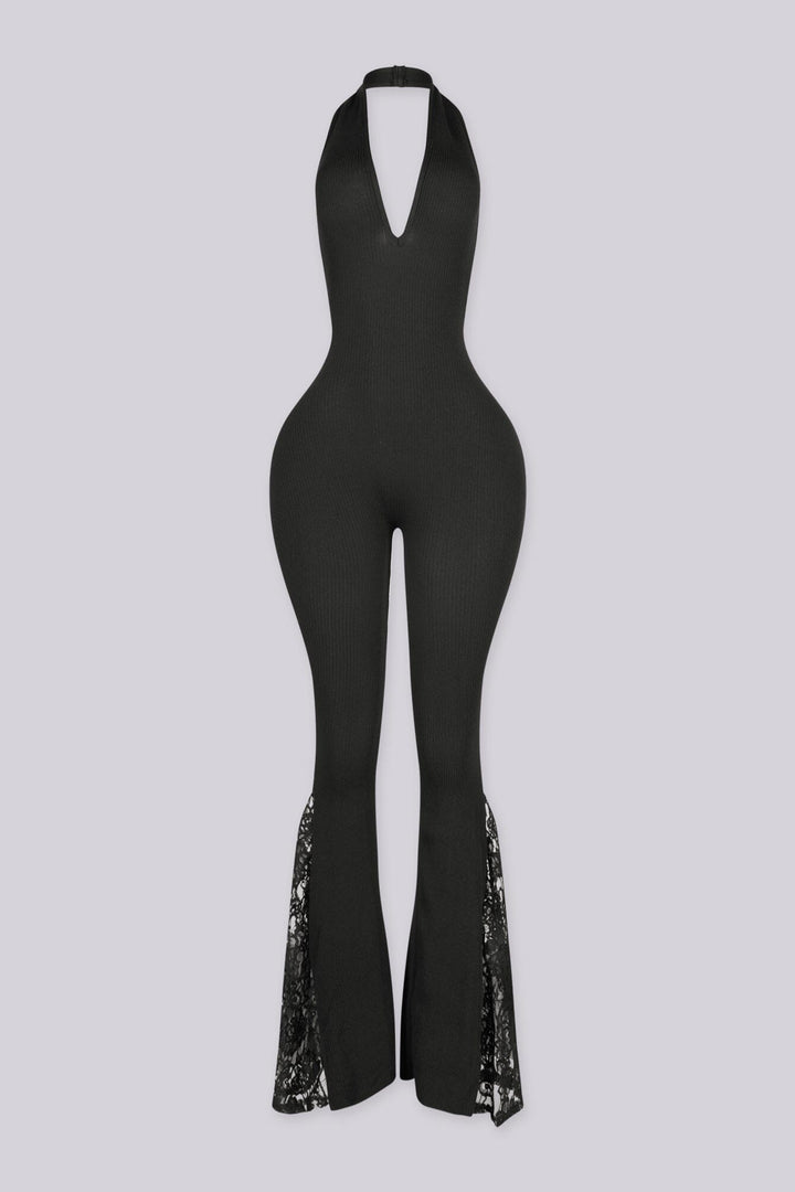 Ribbed knit fitted halter jumpsuit with a plunging V neckline and open low back, front view