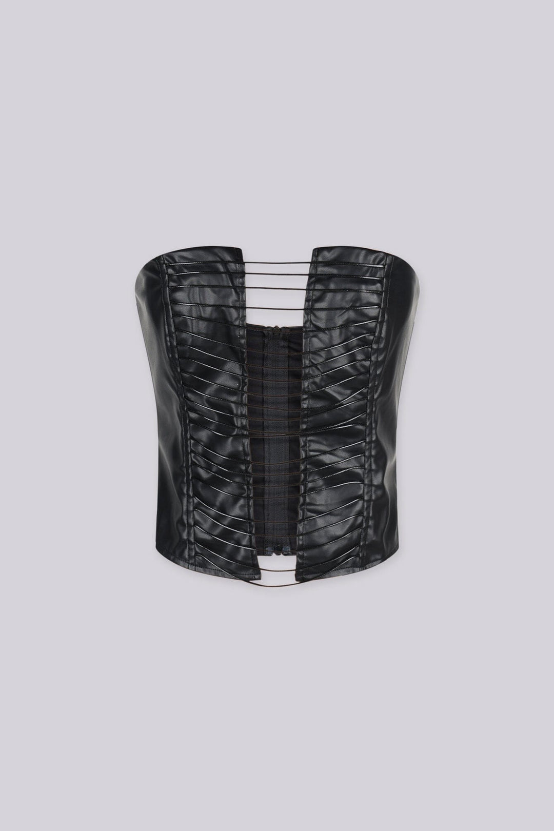 Faux leather fitted corset top featuring center front cutout with horizontal corded straps