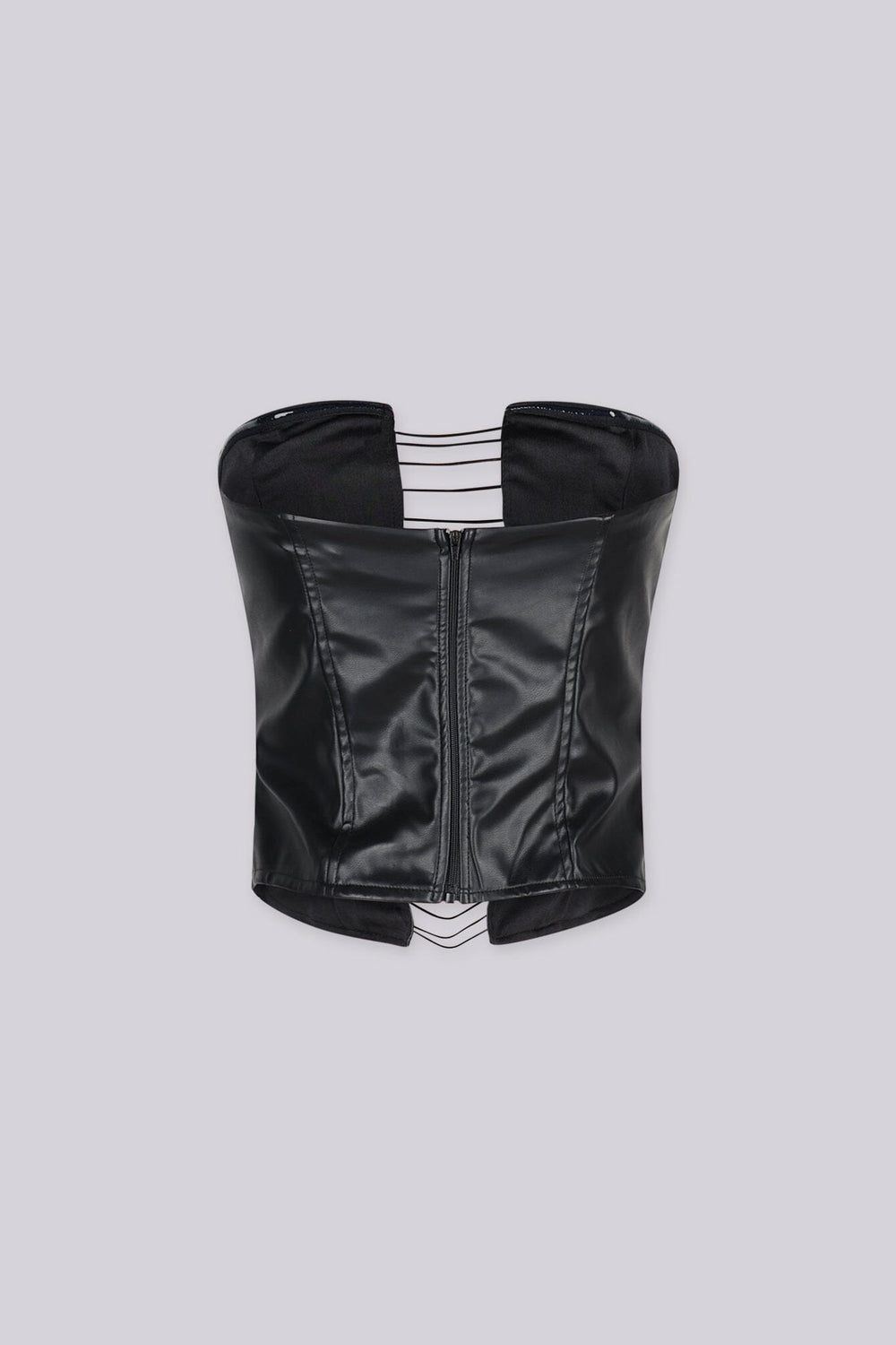 Faux leather fitted corset top featuring center front cutout with horizontal corded straps
