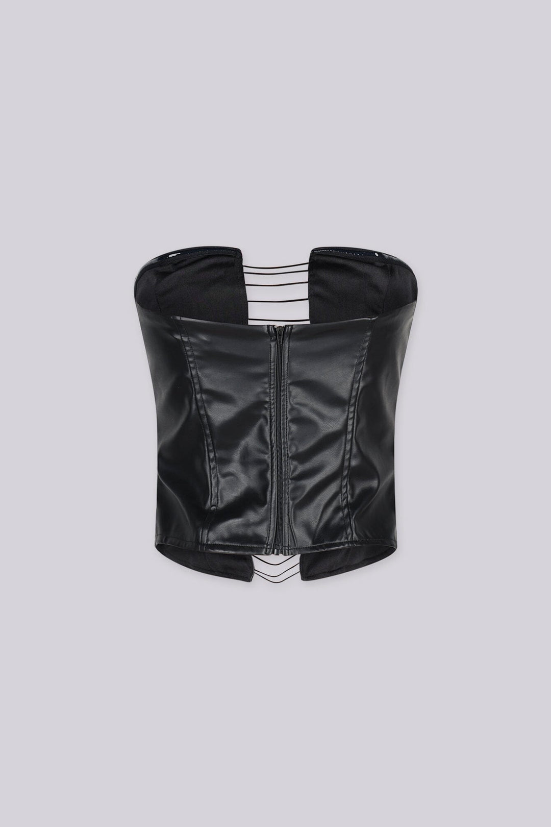 Faux leather fitted corset top featuring center front cutout with horizontal corded straps