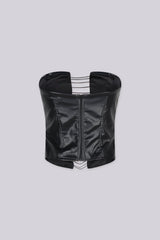 Faux leather fitted corset top featuring center front cutout with horizontal corded straps