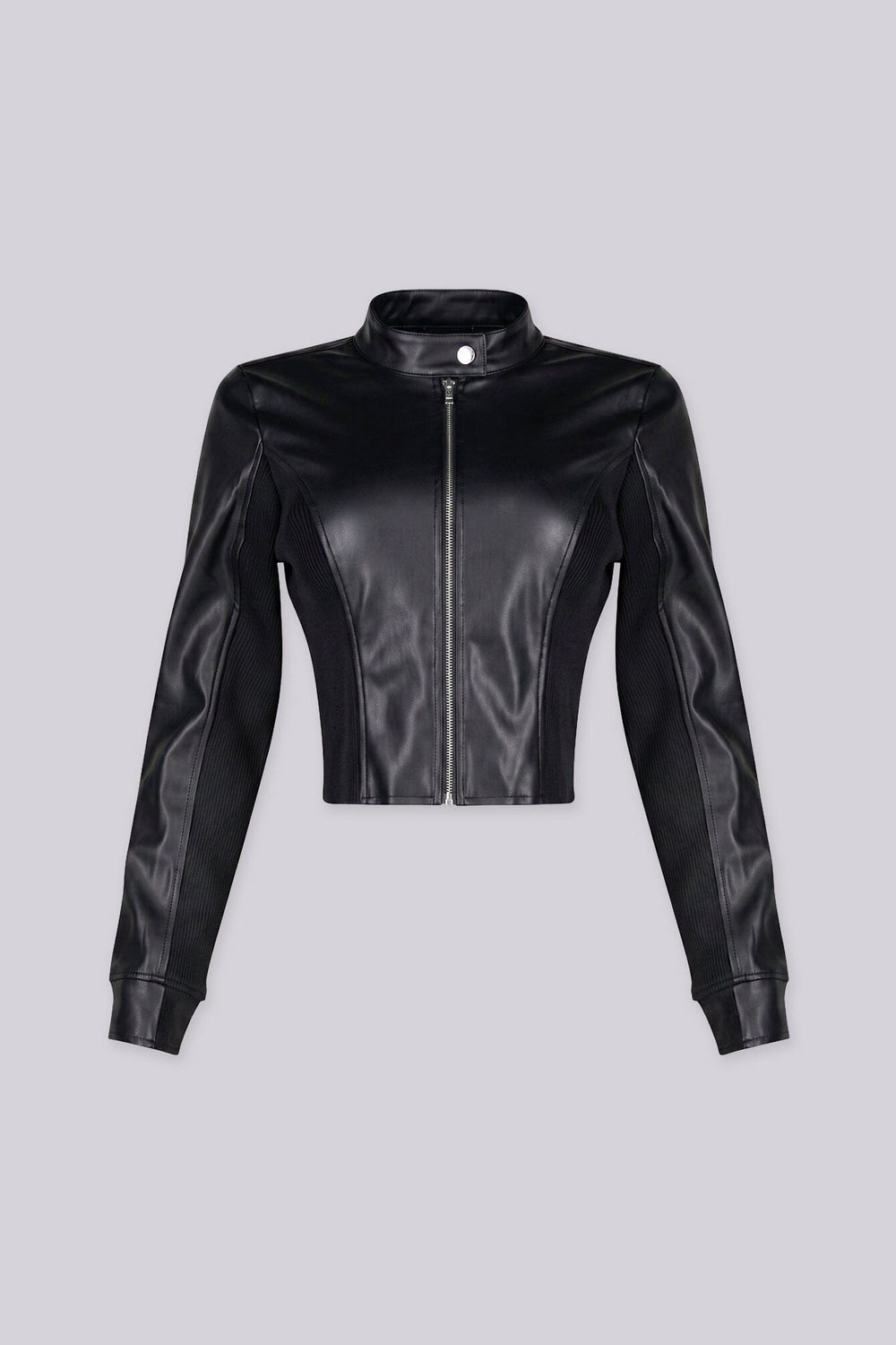 Long sleeve Faux leather fitted jacket with stand collar neckline