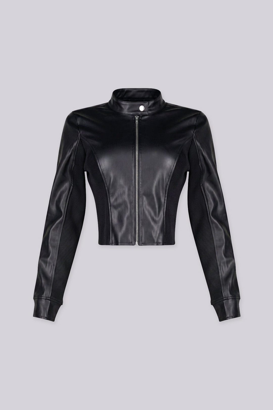 Long sleeve Faux leather fitted jacket with stand collar neckline