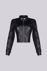 Long sleeve Faux leather fitted jacket with stand collar neckline