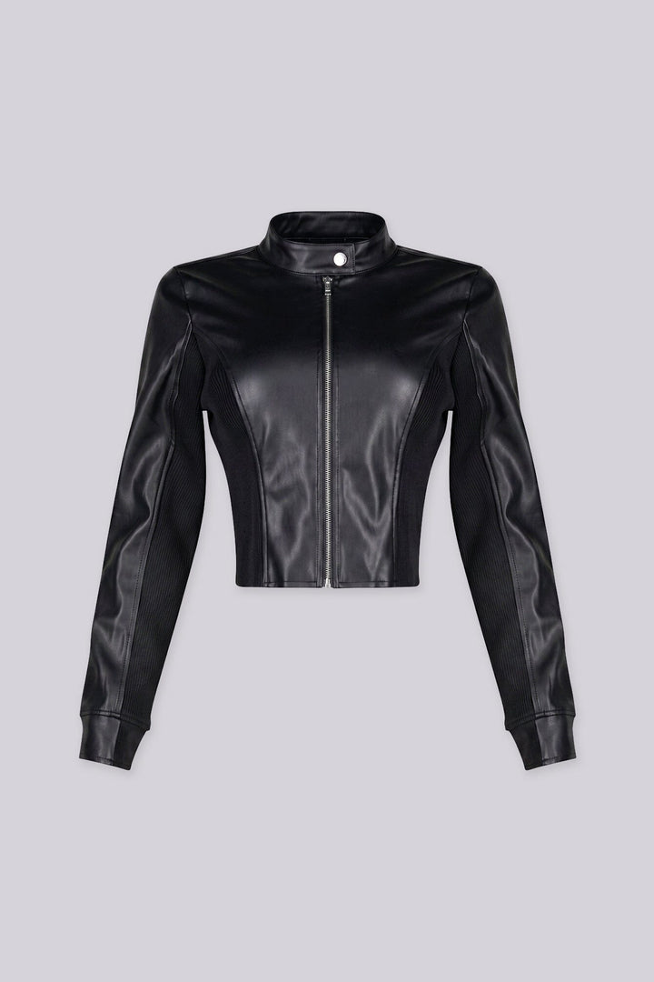 Long sleeve Faux leather fitted jacket with stand collar neckline