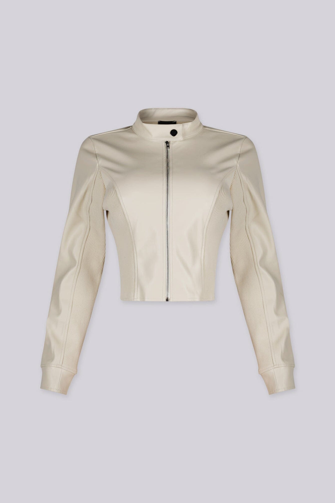 Long sleeve Faux leather fitted jacket with stand collar neckline