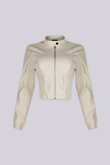 Long sleeve Faux leather fitted jacket with stand collar neckline