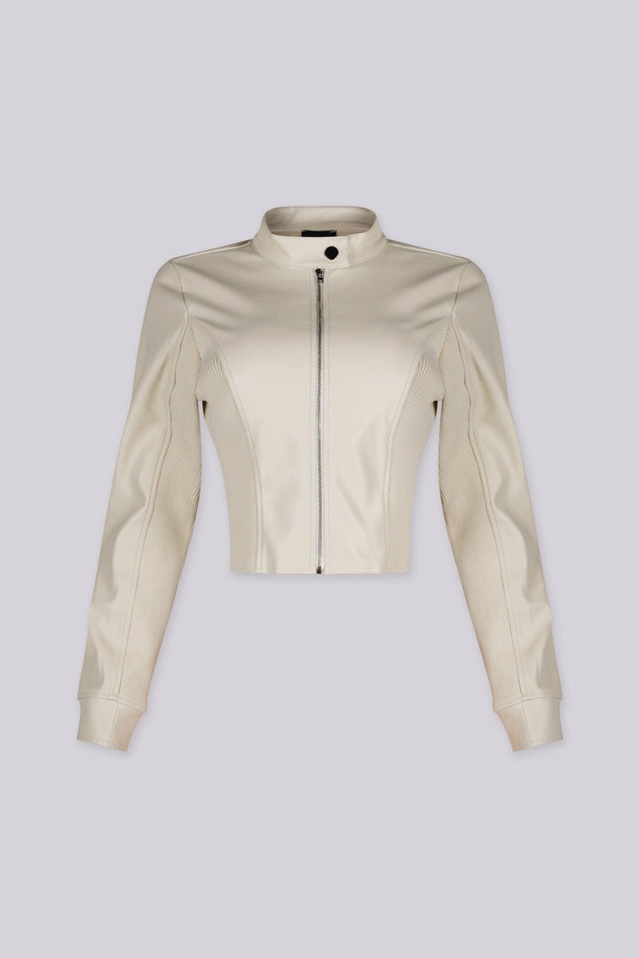 Long sleeve Faux leather fitted jacket with stand collar neckline