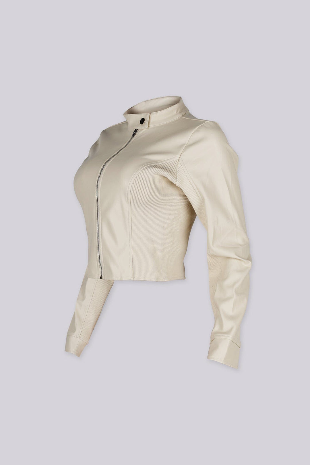 Long sleeve Faux leather fitted jacket with stand collar neckline