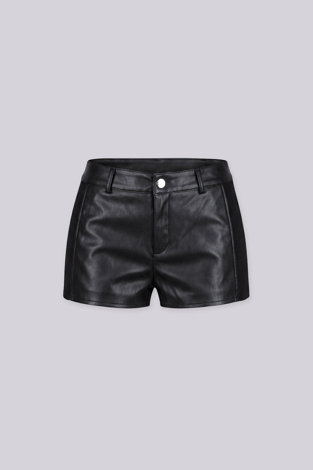 High waisted faux leather shorts with ribbed knit side paneling