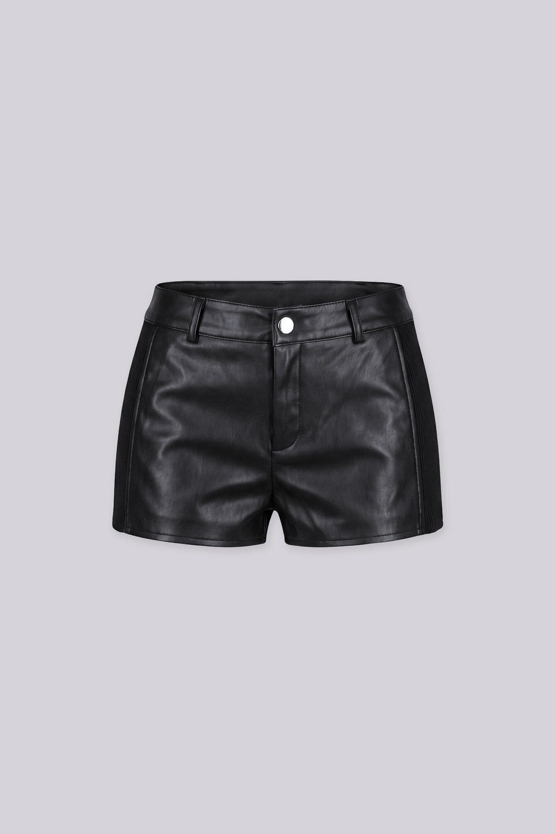 High waisted faux leather shorts with ribbed knit side paneling
