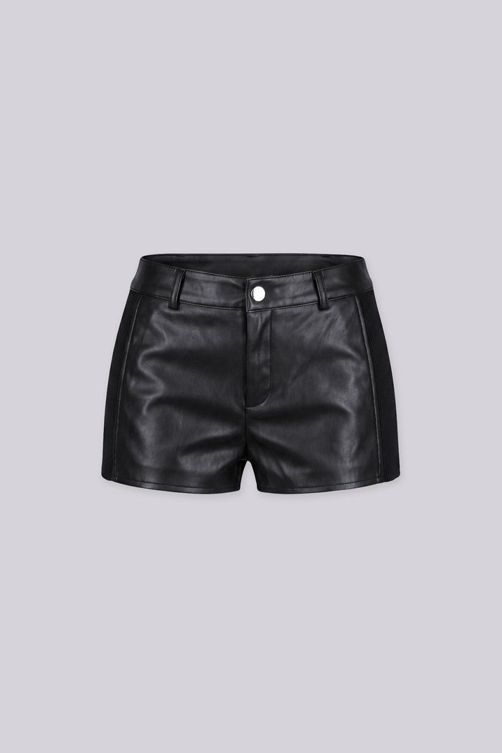 High waisted faux leather shorts with ribbed knit side paneling