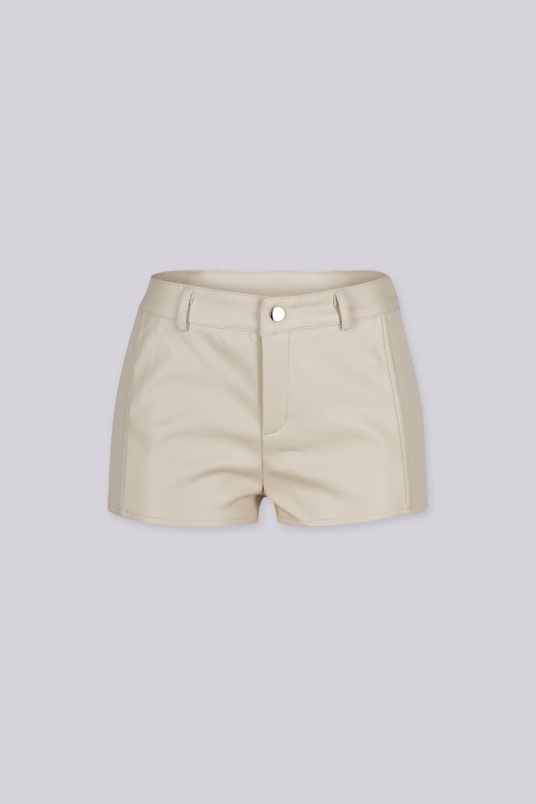 High waisted faux leather shorts with ribbed knit side paneling
