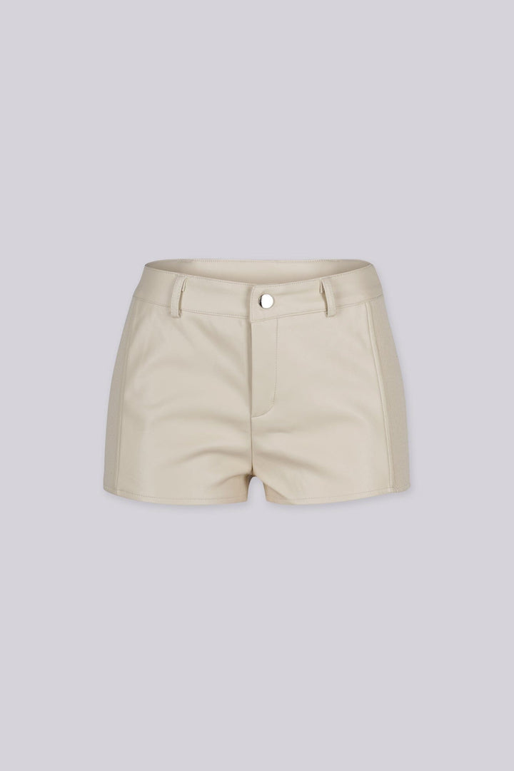 High waisted faux leather shorts with ribbed knit side paneling