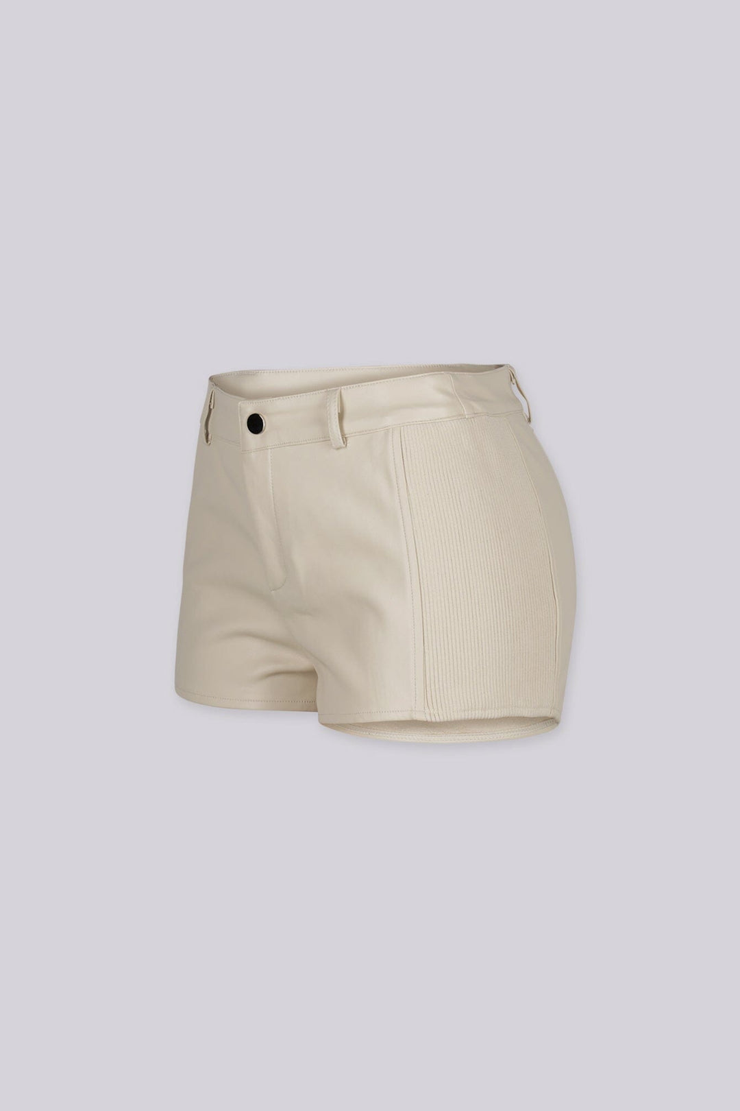 High waisted faux leather shorts with ribbed knit side paneling