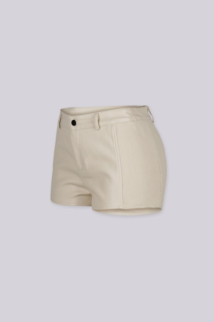High waisted faux leather shorts with ribbed knit side paneling