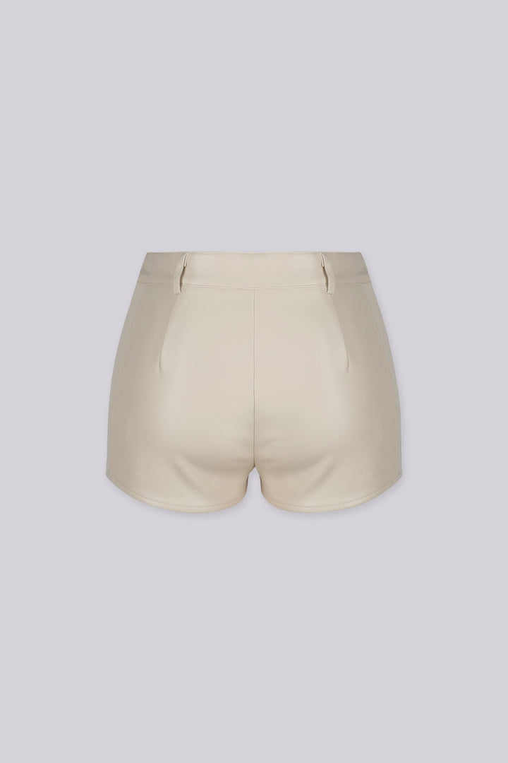 High waisted faux leather shorts with ribbed knit side paneling