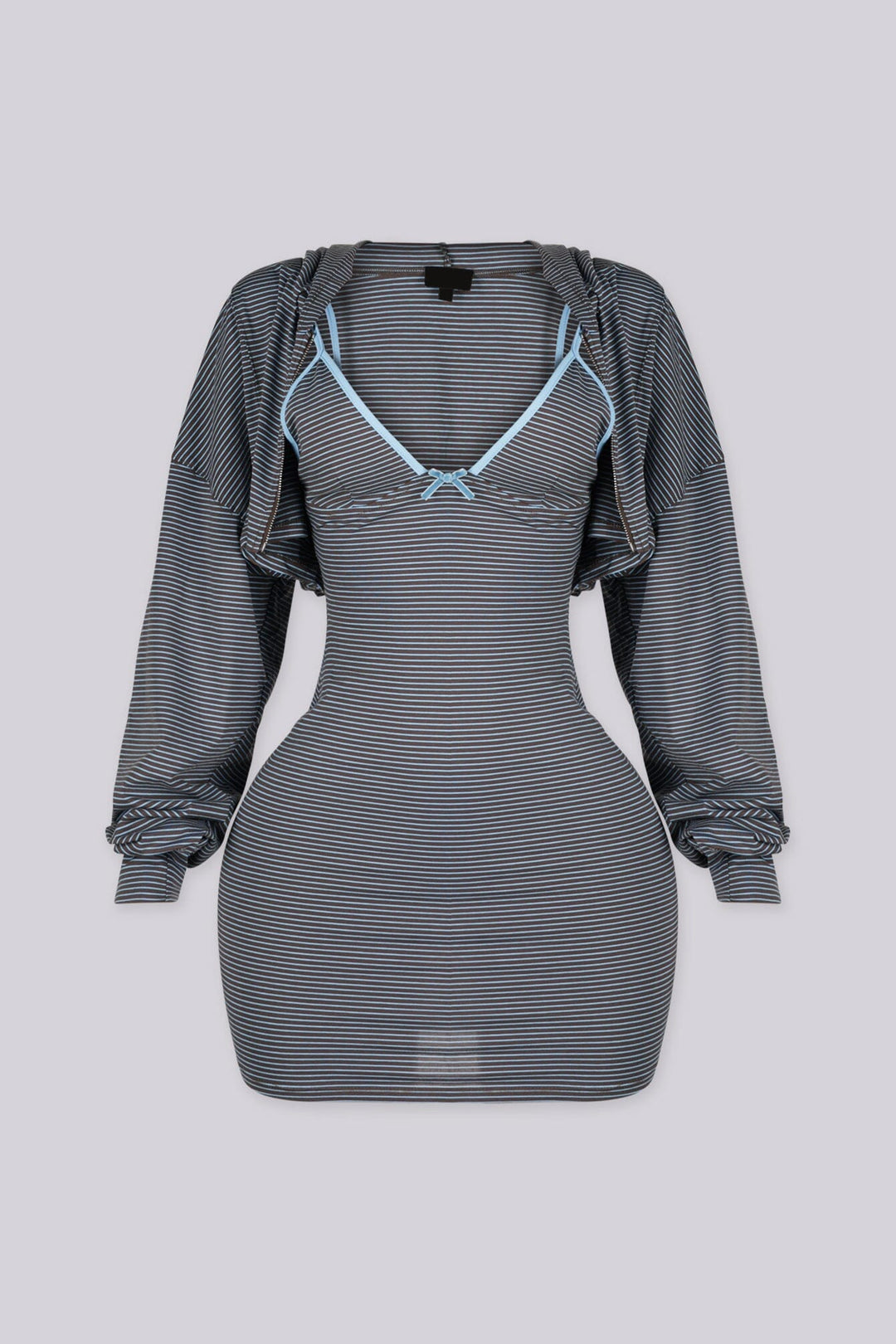 Stripped fitted mini tank dress with adjustable spaghetti straps and bow detail