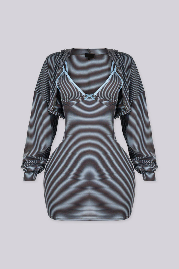 Stripped fitted mini tank dress with adjustable spaghetti straps and bow detail