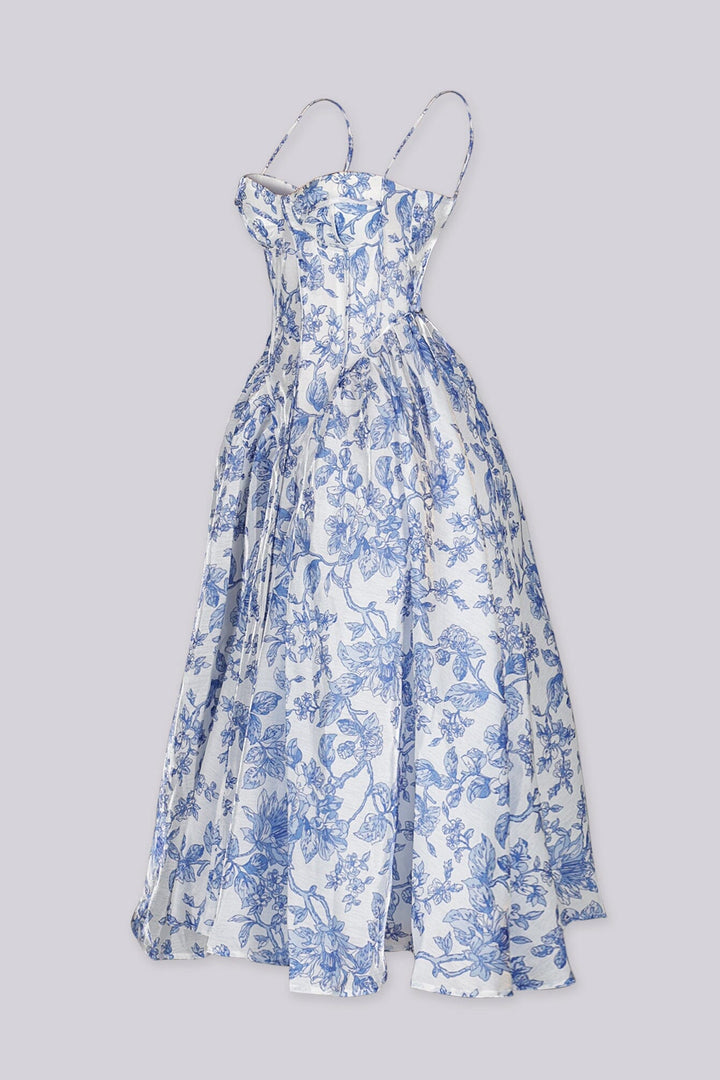EDGE — white and blue floral toile print corset midi dress, back view flat lay