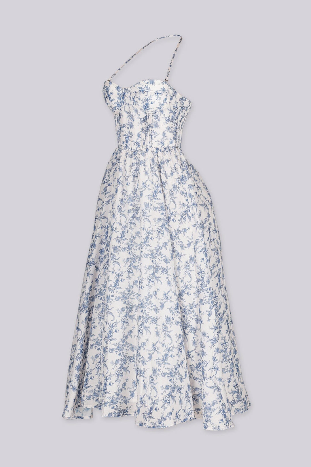 EDGE — white and blue floral toile print corset midi dress, back view flat lay on hanger