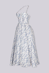 EDGE — white and blue floral toile print corset midi dress, back view flat lay on hanger