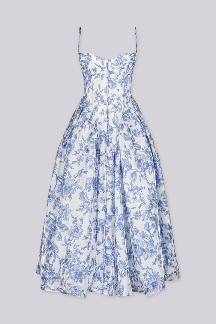 EDGE — white and blue floral toile print corset midi dress, front view flat lay on hanger
