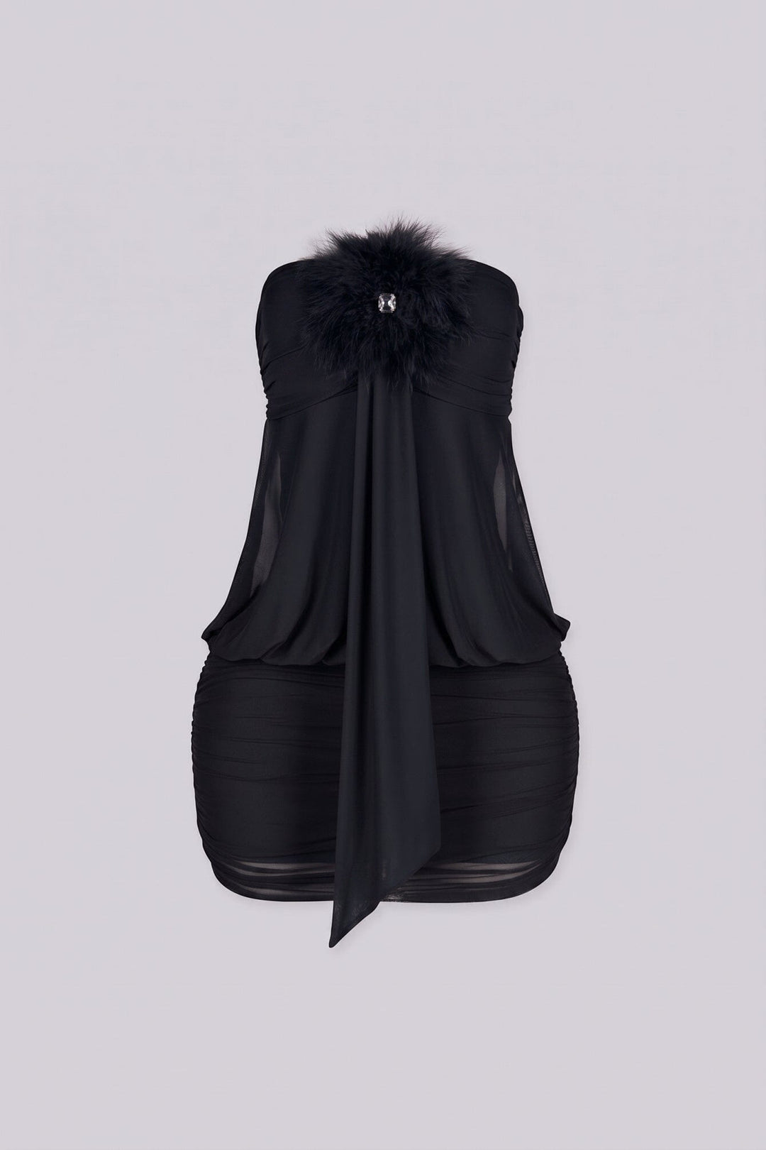 Strapless tube mini dress featuring ruched bodice fitted through the bust with horizontal ruching wrapping the top