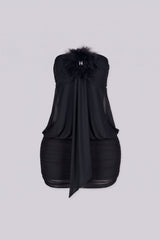 Strapless tube mini dress featuring ruched bodice fitted through the bust with horizontal ruching wrapping the top