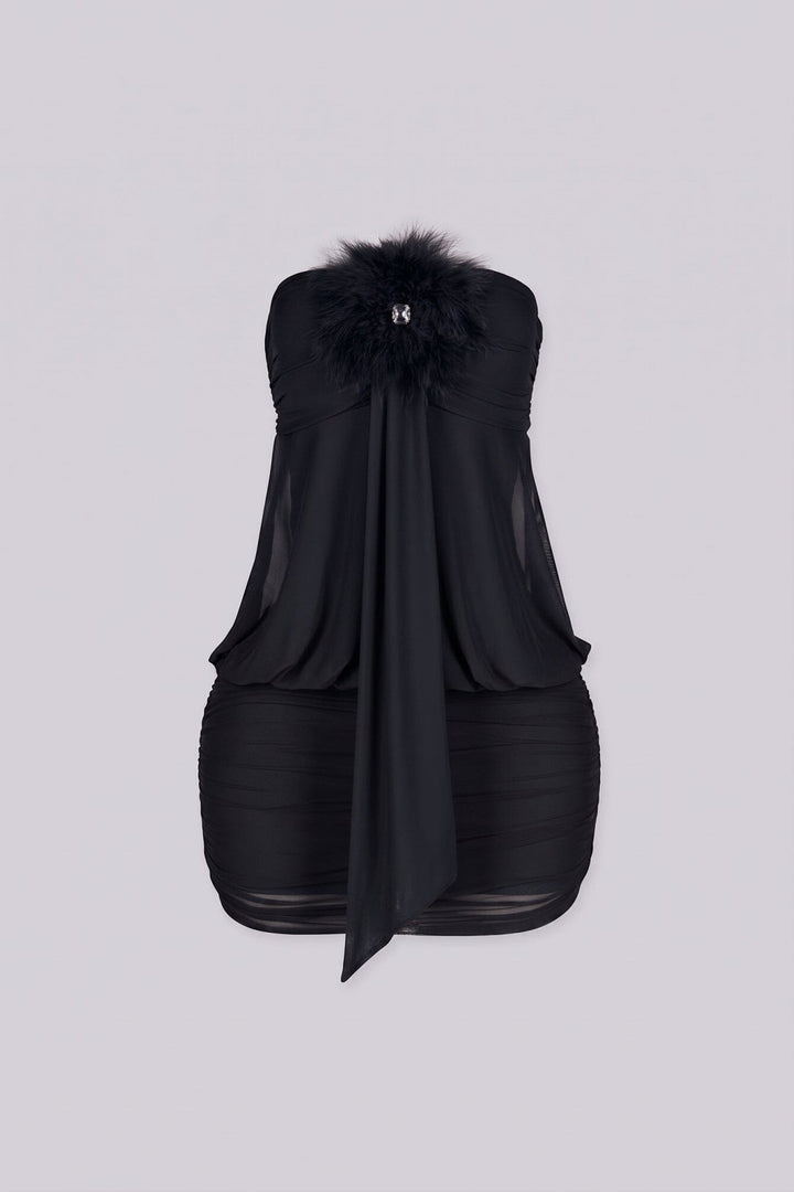 Strapless tube mini dress featuring ruched bodice fitted through the bust with horizontal ruching wrapping the top