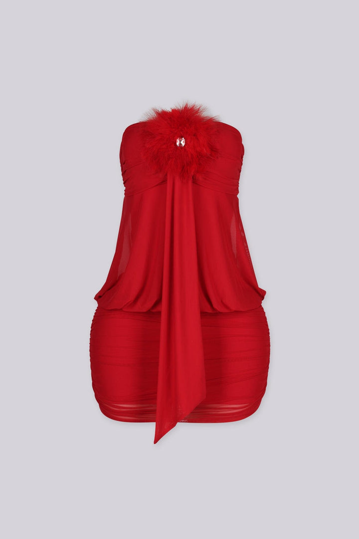Strapless tube mini dress featuring ruched bodice fitted through the bust with horizontal ruching wrapping the top