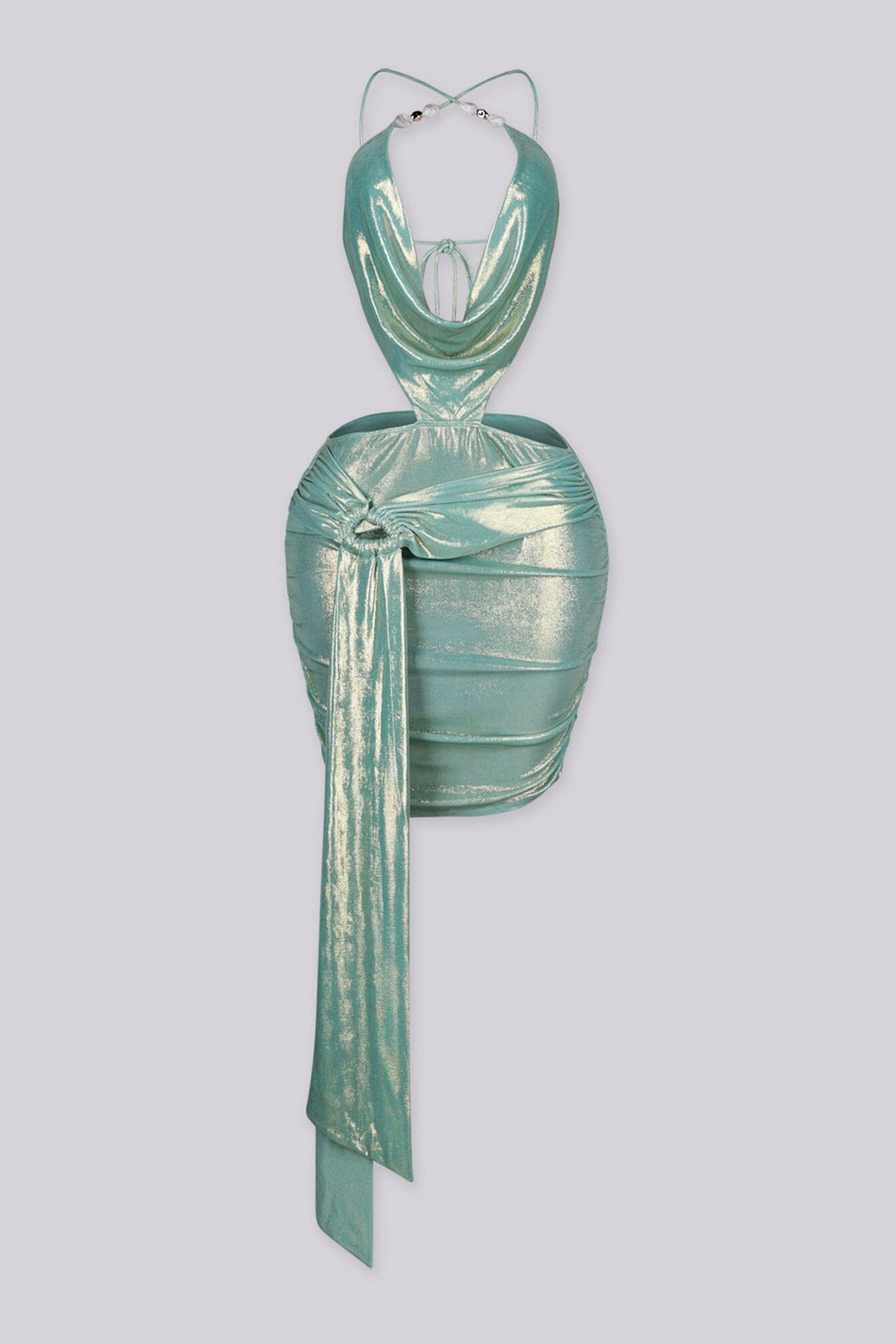 Plunging draped metallic halter mini dress with a chain link detailing at neck
and draped side tail