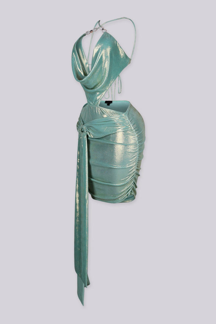 Plunging draped metallic halter mini dress with a chain link detailing at neck
and draped side tail