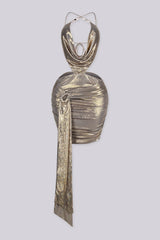 Plunging draped metallic halter mini dress with a chain link detailing at neck
and draped side tail
