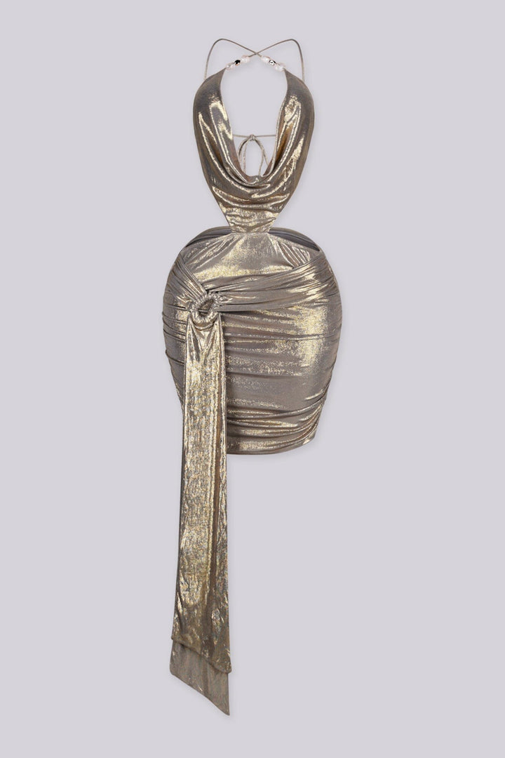Plunging draped metallic halter mini dress with a chain link detailing at neck
and draped side tail