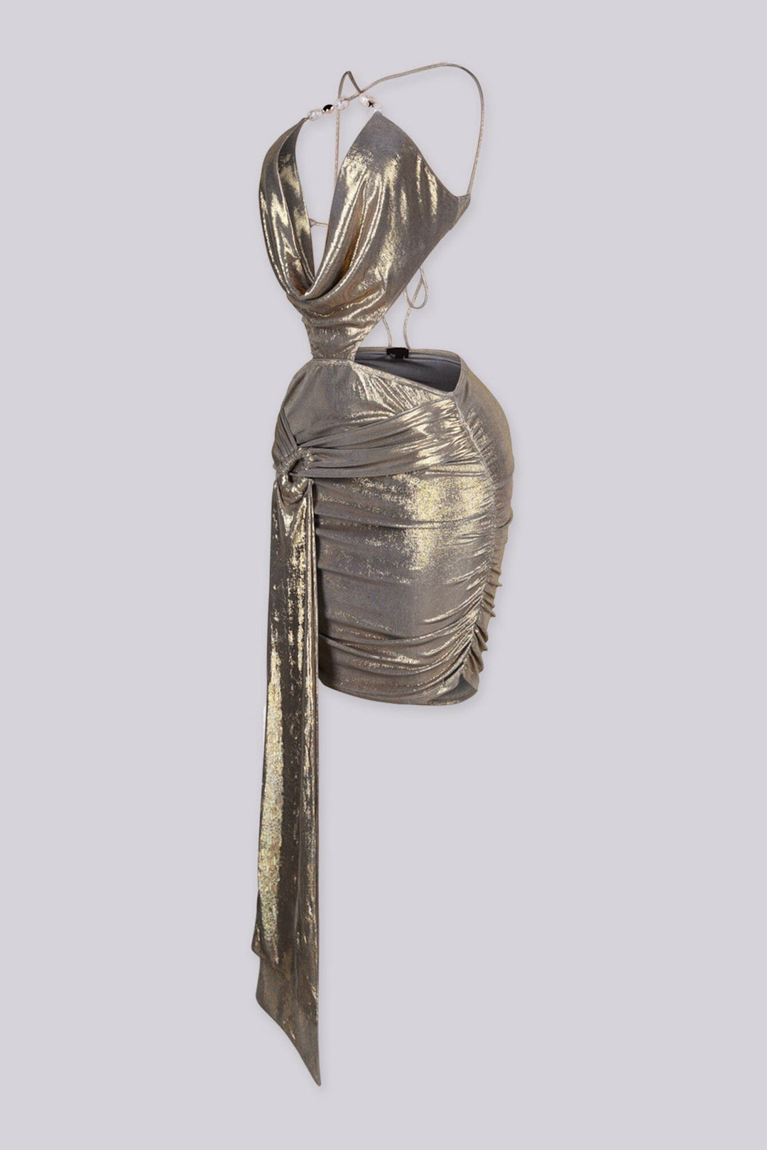 Plunging draped metallic halter mini dress with a chain link detailing at neck
and draped side tail