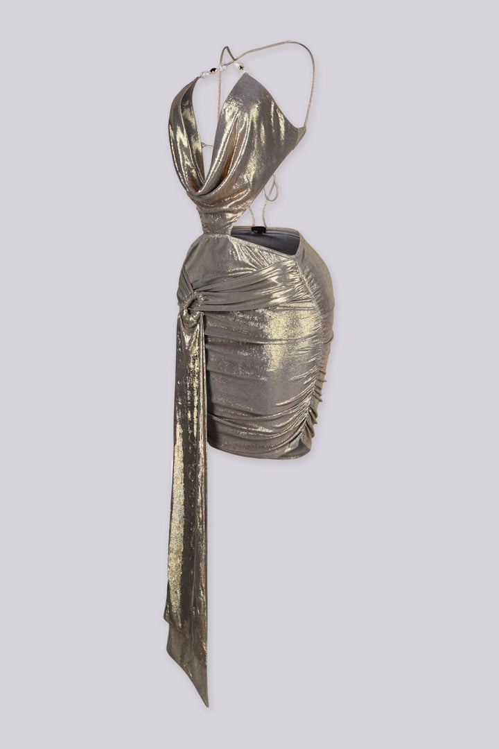 Plunging draped metallic halter mini dress with a chain link detailing at neck
and draped side tail