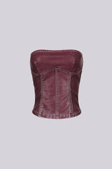 Faux leather corset style tube top with vertical seam paneling featuring elasticized back panel detail
