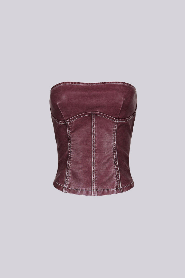 Faux leather corset style tube top with vertical seam paneling featuring elasticized back panel detail