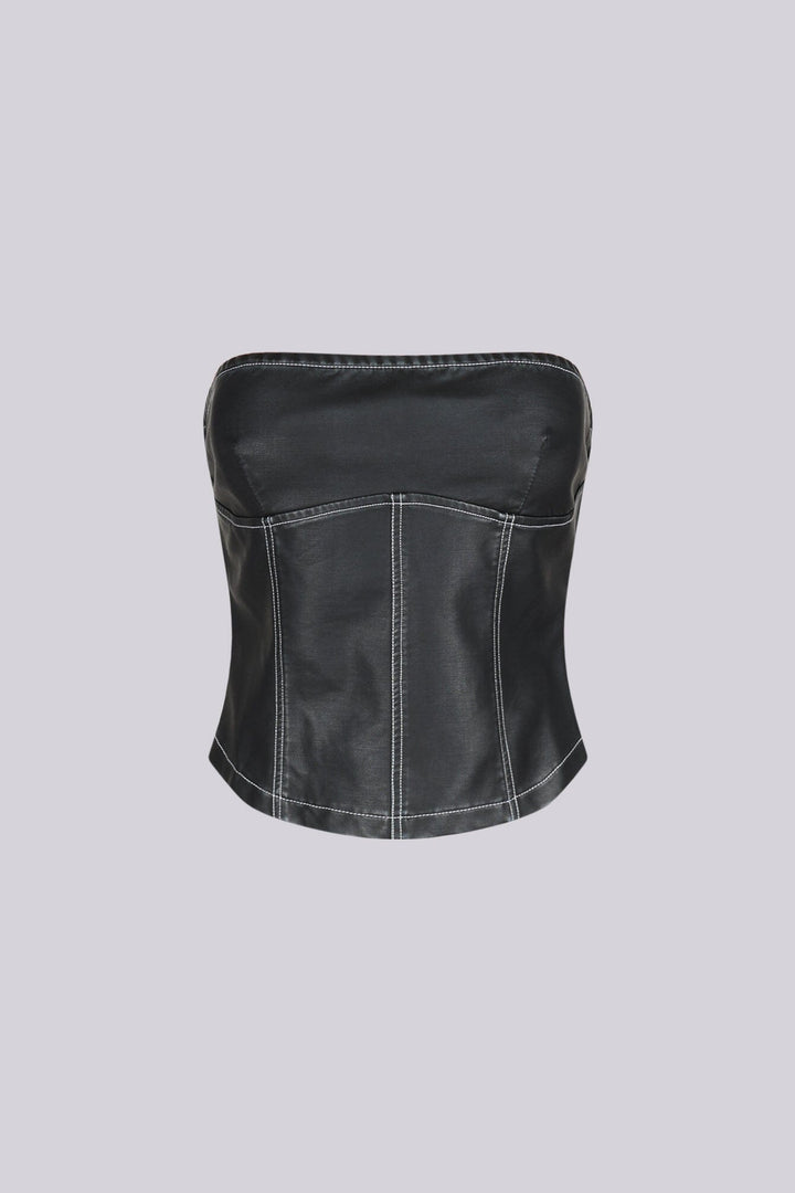 Faux leather corset style tube top with vertical seam paneling featuring elasticized back panel detail