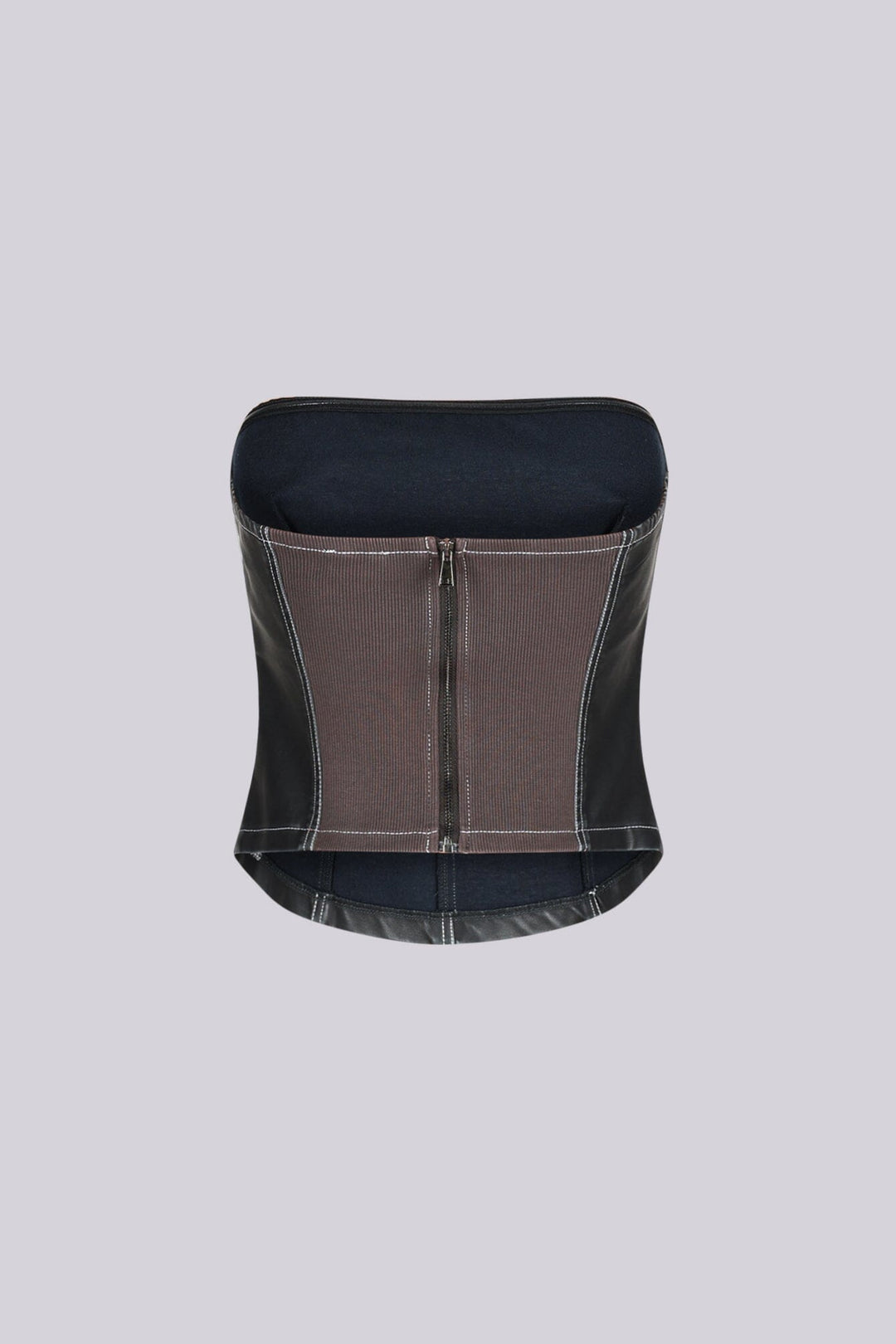 Faux leather corset style tube top with vertical seam paneling featuring elasticized back panel detail