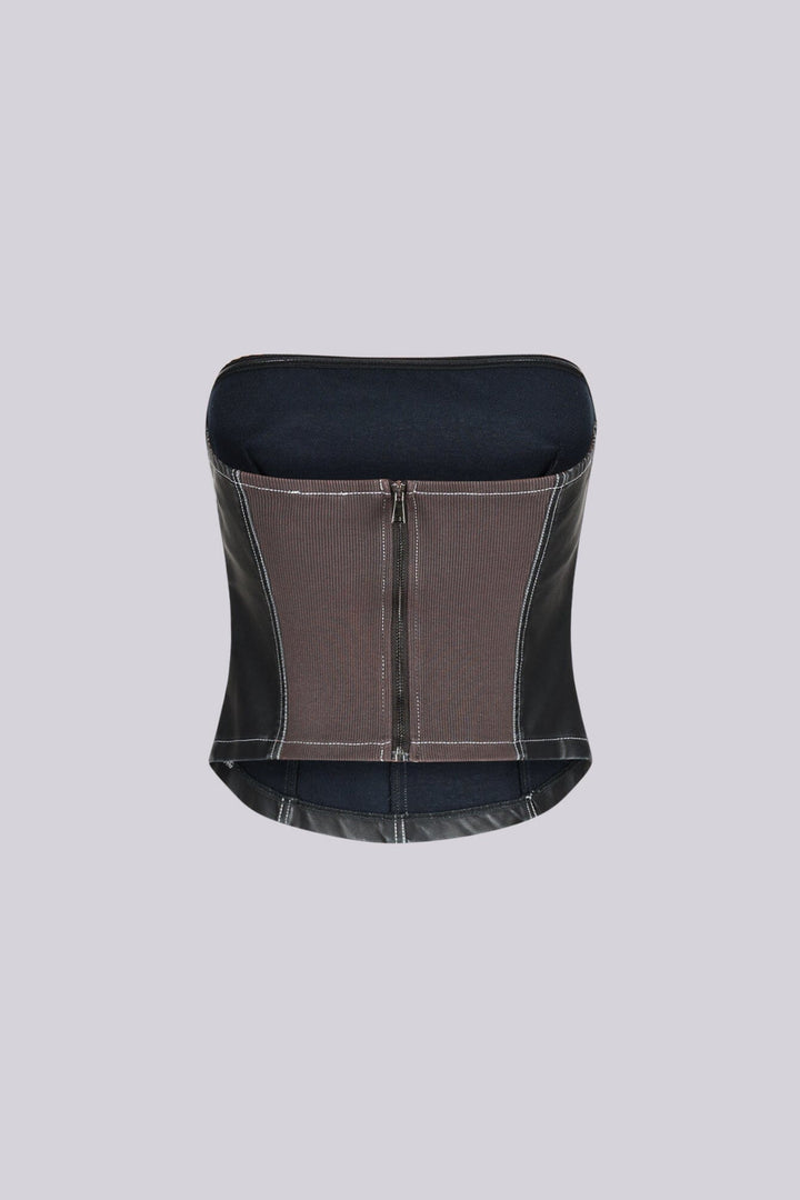 Faux leather corset style tube top with vertical seam paneling featuring elasticized back panel detail