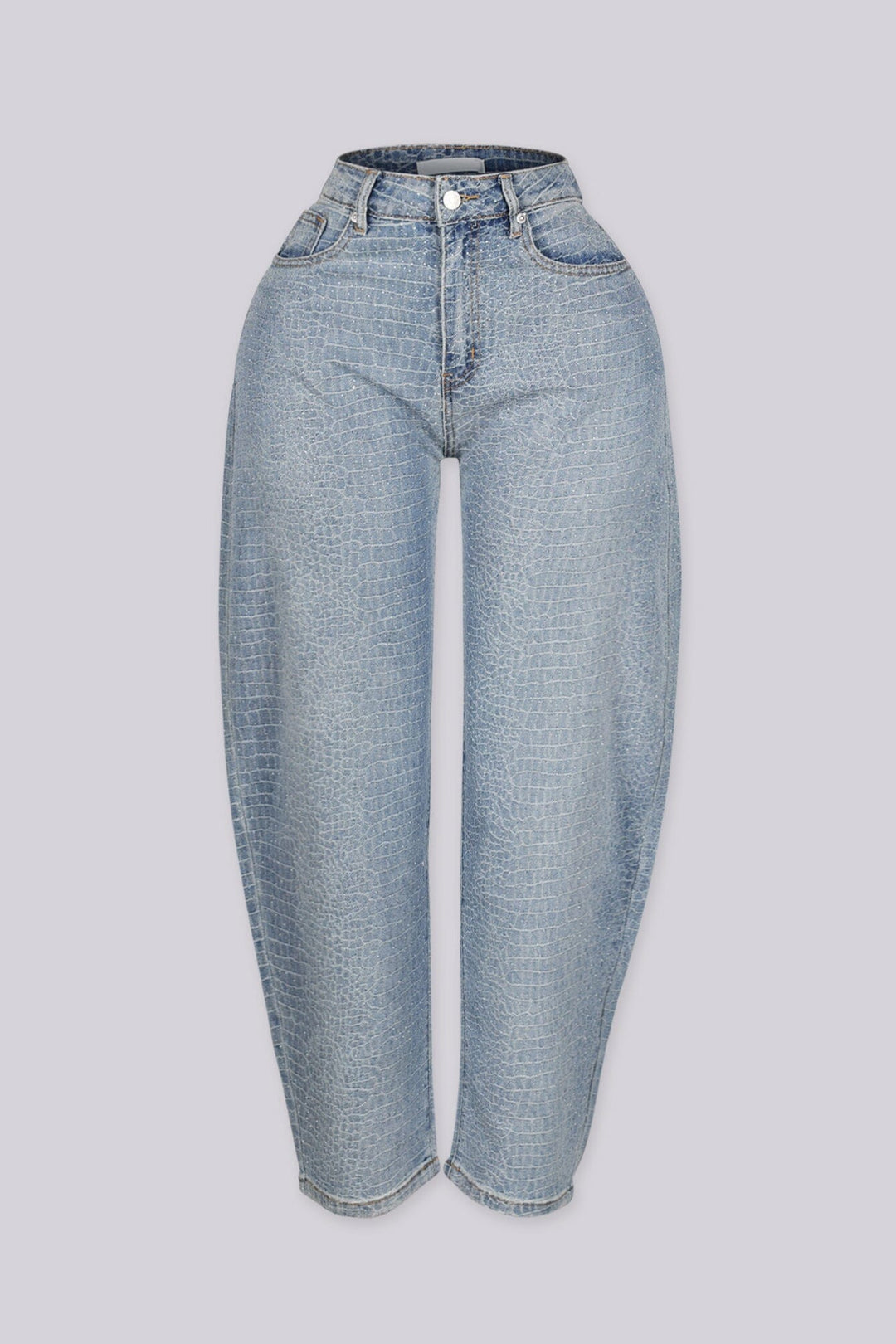 High waist light washed balloon leg jeans with rhinestone embellishments throughout